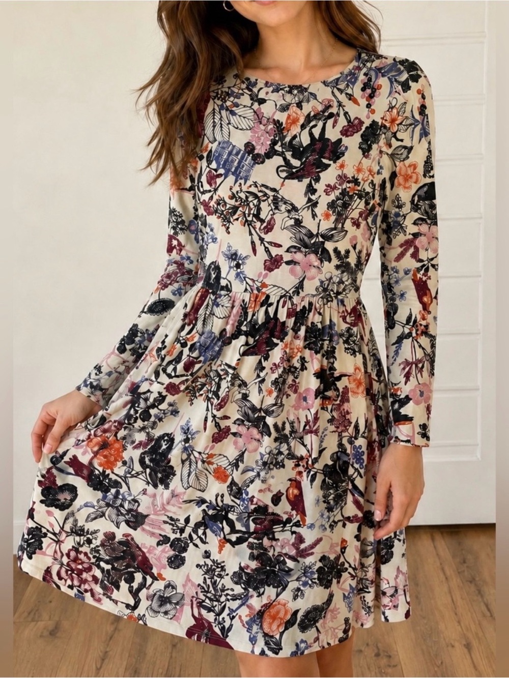 Modcloth Cream Blue Whimsical Floral Owl A Line Dress